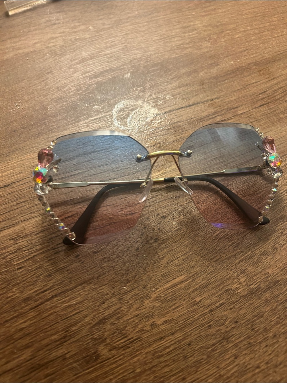 Rhinestone Accent Rimless Sunglasses - Pink Gradient - Picture 2 of 3